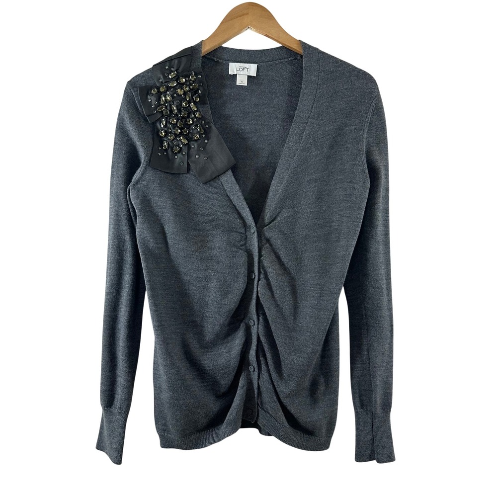 Ann Taylor LOFT Gray‎ Merino Wool Cardigan Embellished Bow Ruched V-Neck Medium